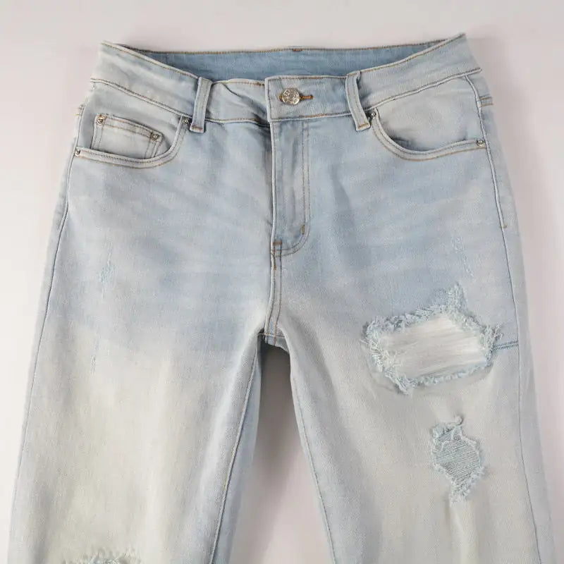 Unisex Retro Washed Stretch Skinny Fit Ripped Jeans