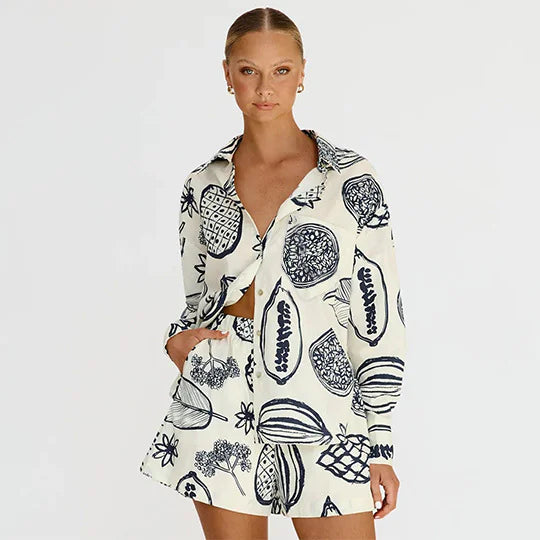 Dames Fruit Print Cardigan Set